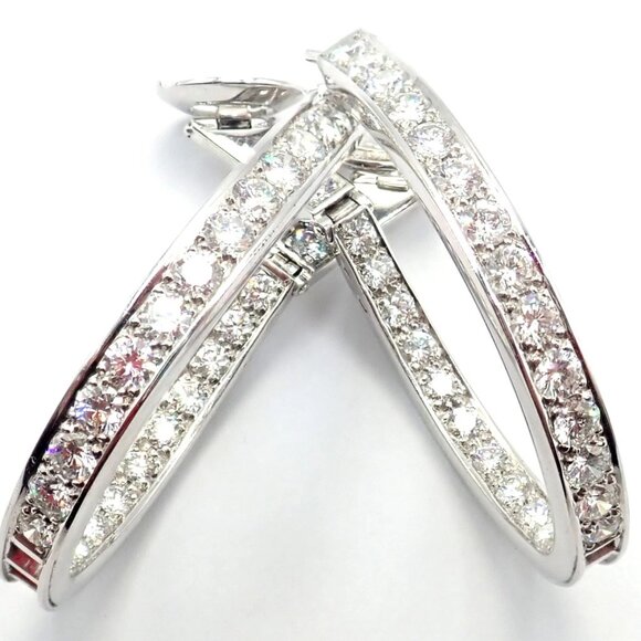 Authentic! Van Cleef & Arpels 18k White Gold Diamond Large Hoop Earrings - Picture 10 of 16
